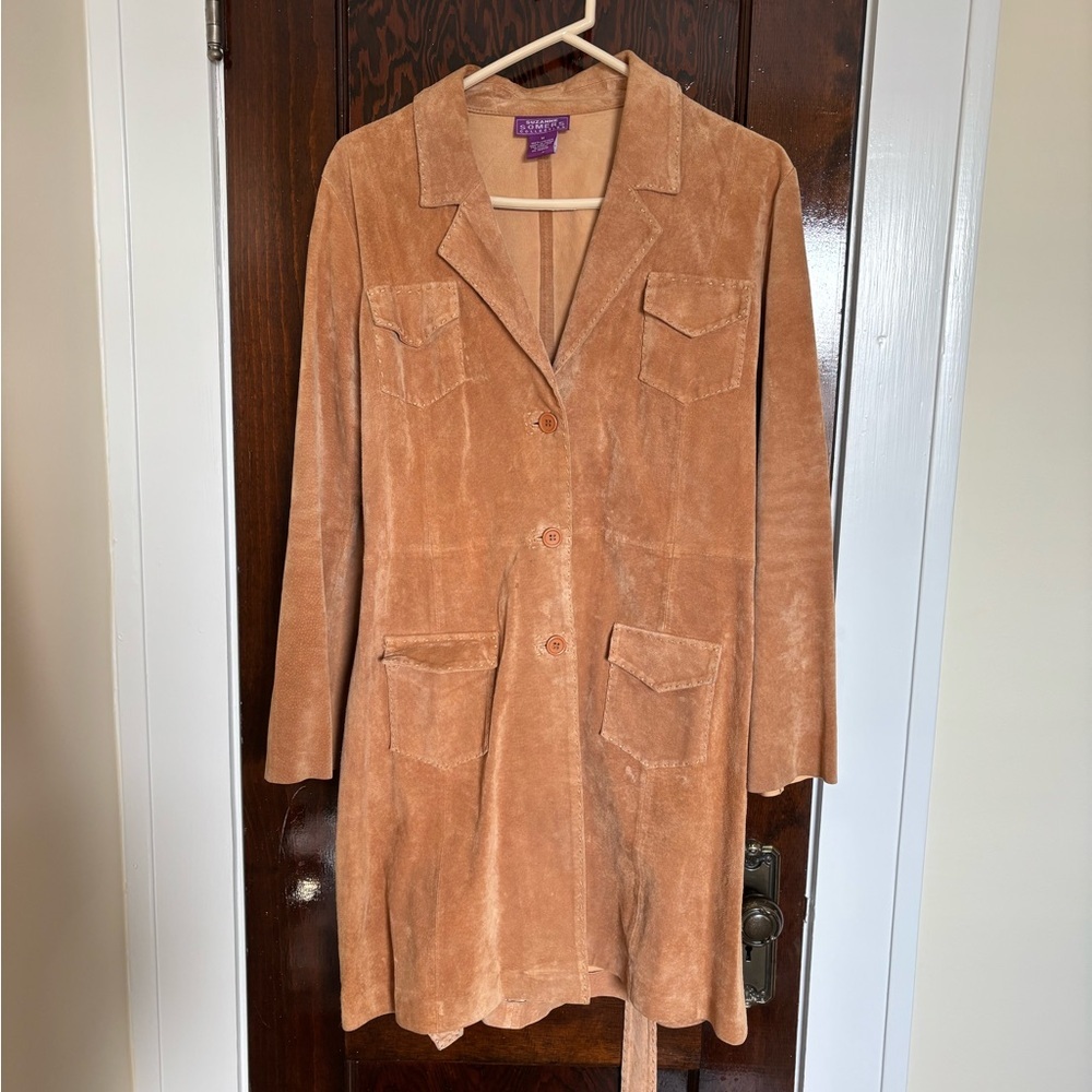 Vintage 100% Leather Suzanne Somers Mid Length Long Stitched Jacket